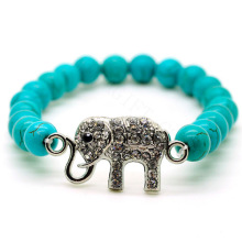 Wholesale Turquoise 8MM Round Beads Stretch Gemstone Bracelet with Diamante Elephant Attachment
